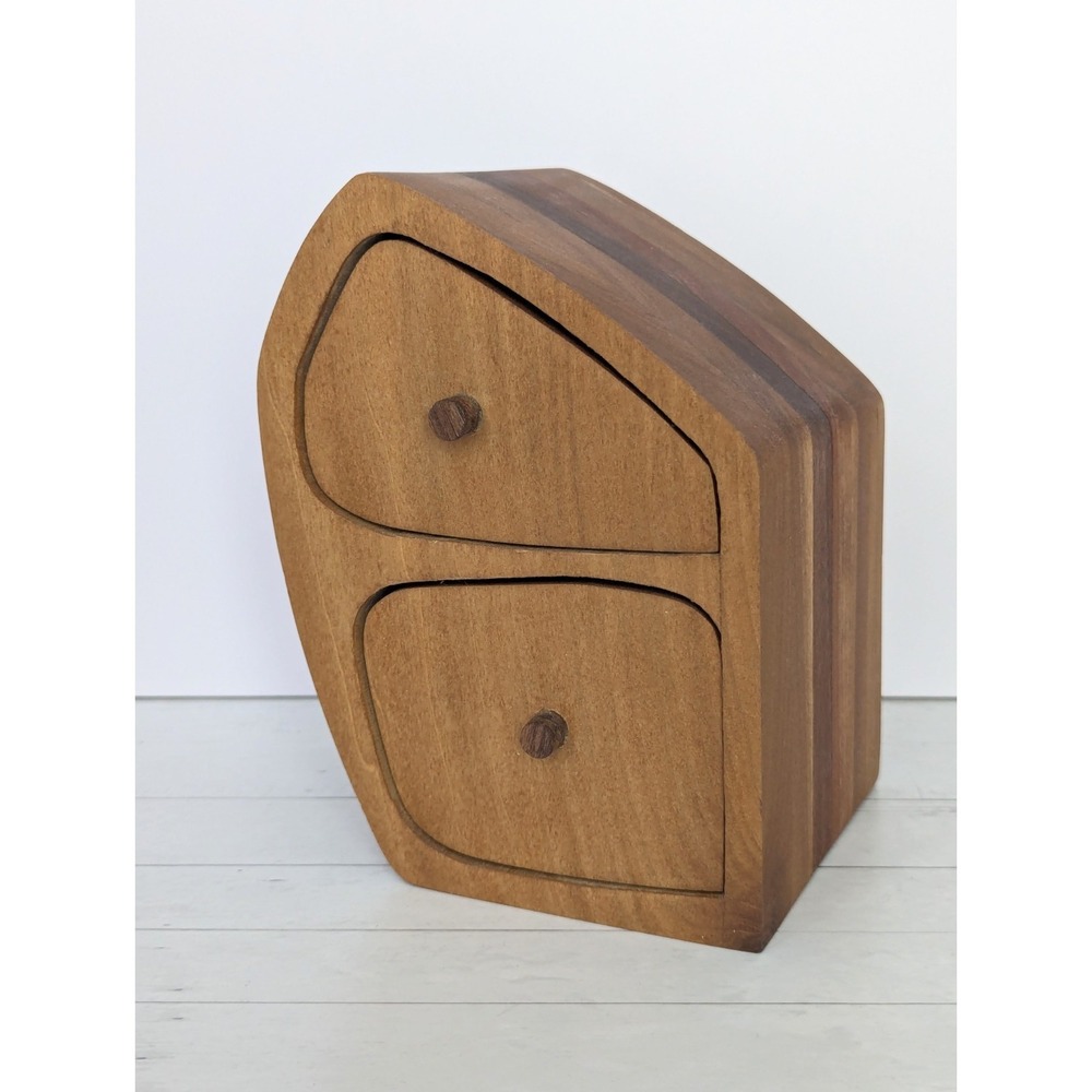 Vintage 2 Drawer MCM Wood Band Saw Jewelry Trinket Box Abstract Danish Inspired